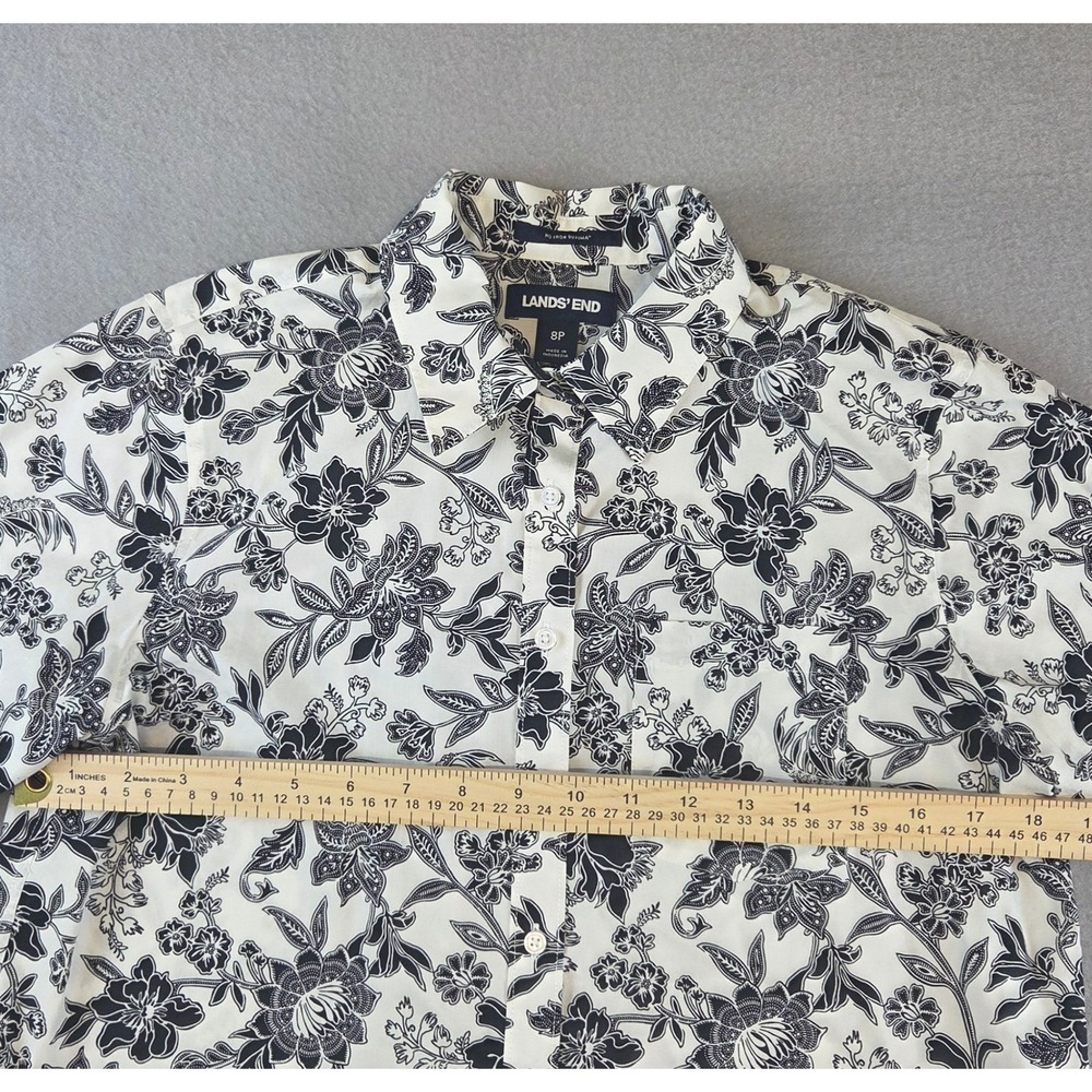 Lands' End Supima Cotton Floral Button Down Shirt White Black 8P Coastal Chic - Picture 8 of 10